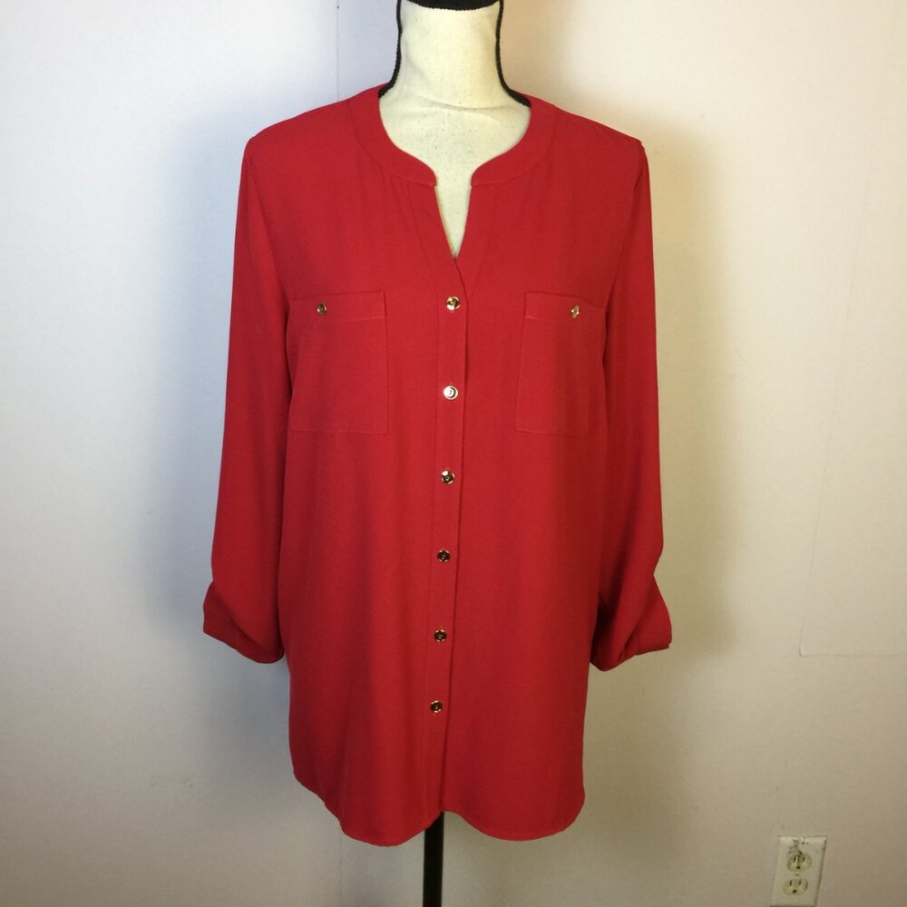 New! Susan Graver Tunic Shirt Top Sz 12 Womans Red Button Front Roll Tab Sleeve